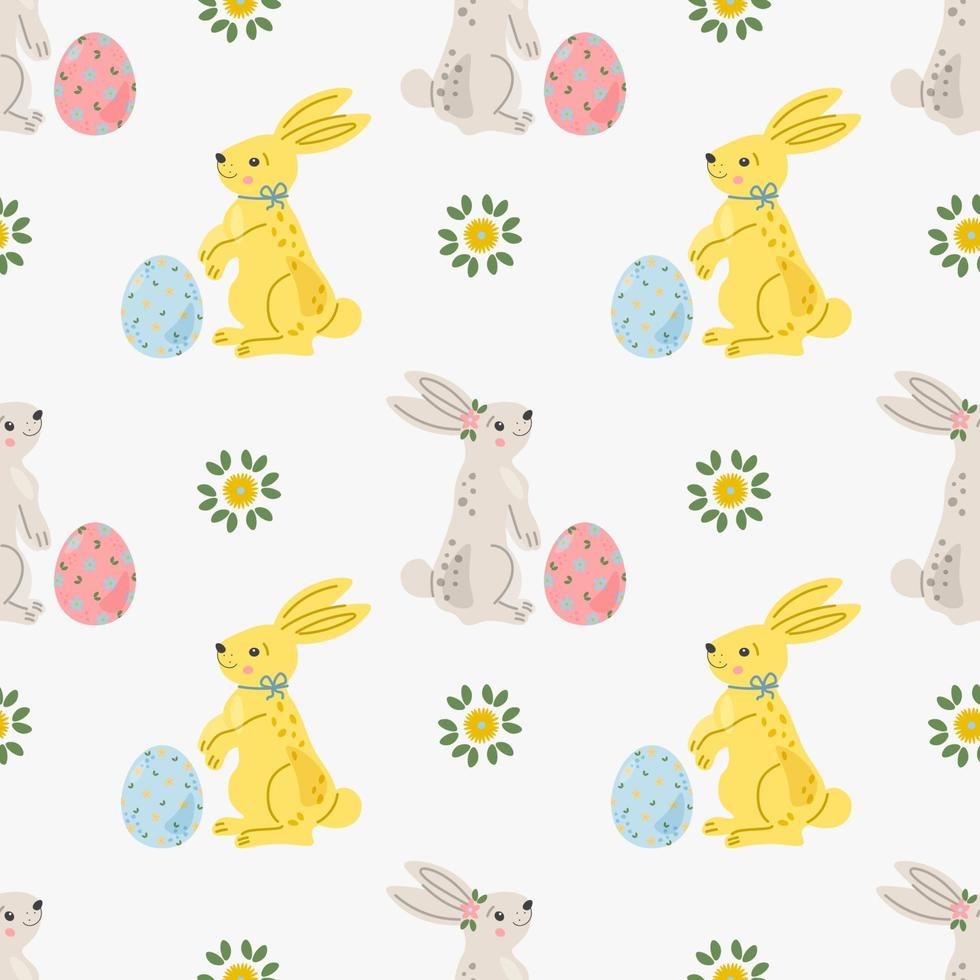 nahtlos wiederholt Oberfläche Muster Design mit süß wenig Hasen und Blumen. festlich Frühling Hintergrund im skandinavisch Hand gezeichnet Stil. Baby oder Kinder Produkt Design, Stoff, Hintergrund, Kleidung. vektor