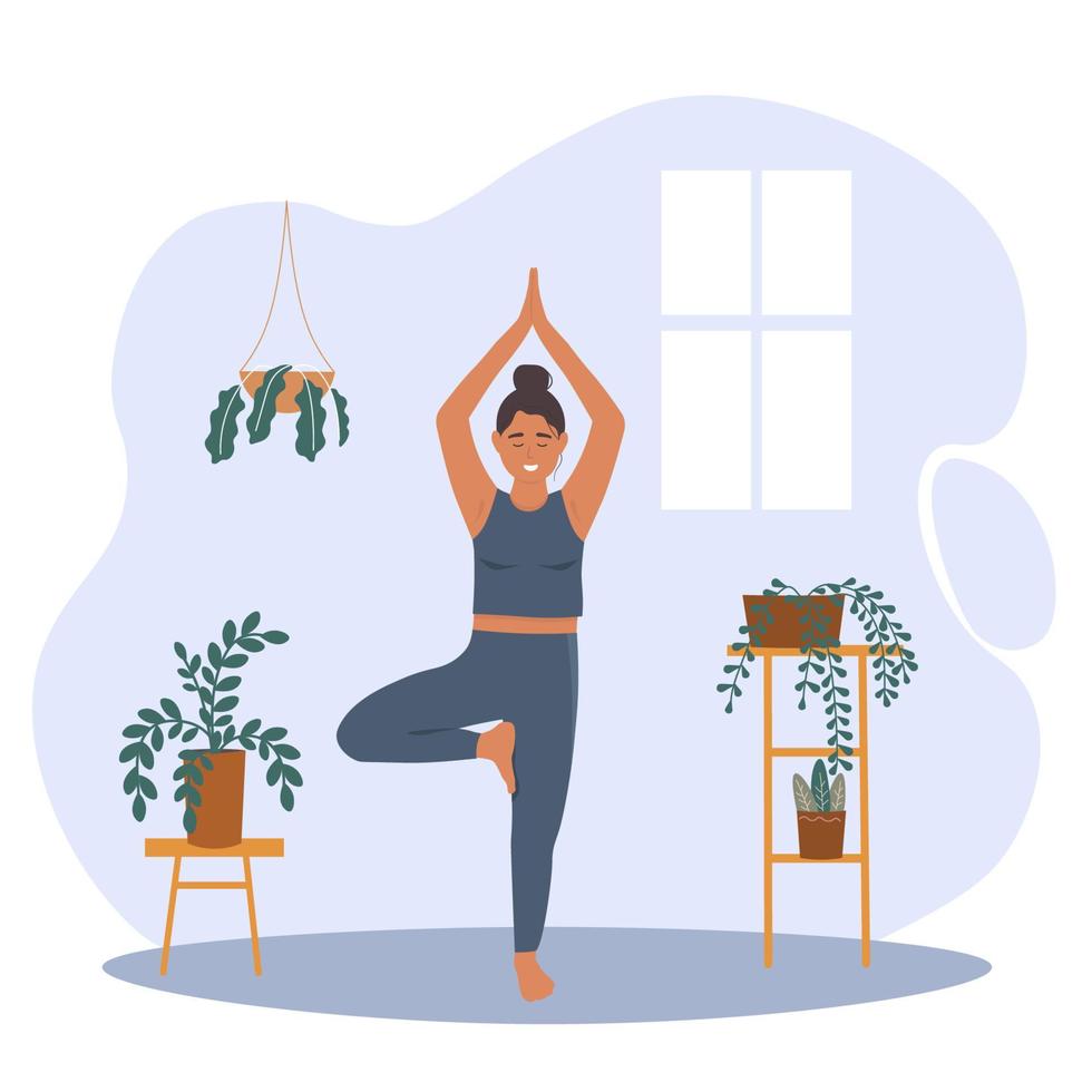 ein Frau tut Yoga beim Zuhause im ein Zimmer, steht auf einer Bein. Übungen zum Meditation, Gesundheit, dehnen. Vektor eben Grafik.
