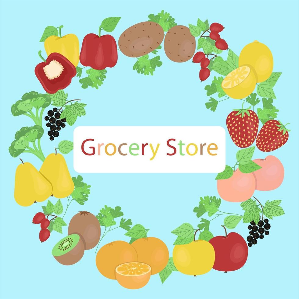 Plakat für Geschäft mit frischem Gemüse und Obst, Fahnenschablone für Produkte, Vektorillustration im flachen Stil. vektor