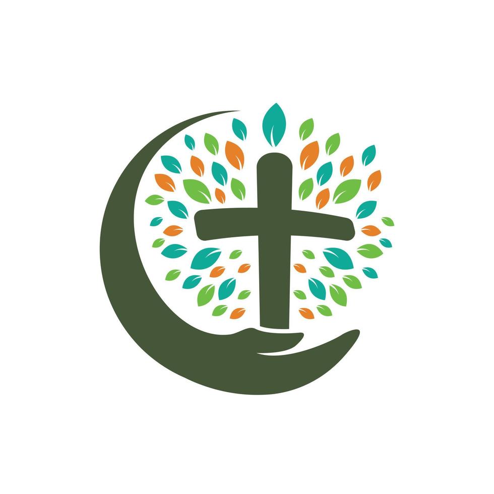 Kirche Pflege Vektor Logo Design Vorlage. Kreuz Baum mit Mensch Hand Symbol Logo Design.