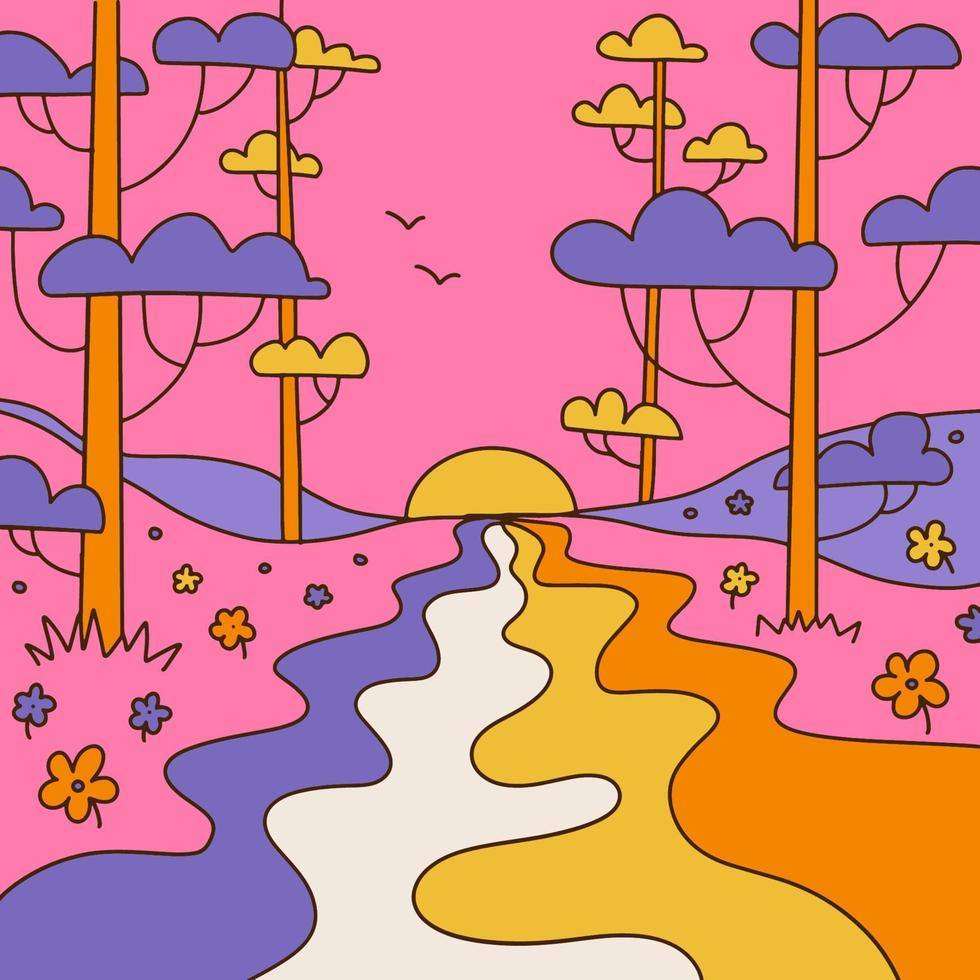 90s häftig fyrkant affisch. tecknad serie psychedelic retro stil. ljus hippie landskap och retro blommig element. resa natur med regnbåge flod, solnedgång, träd, resa Vinka. vektor kontur illustration.