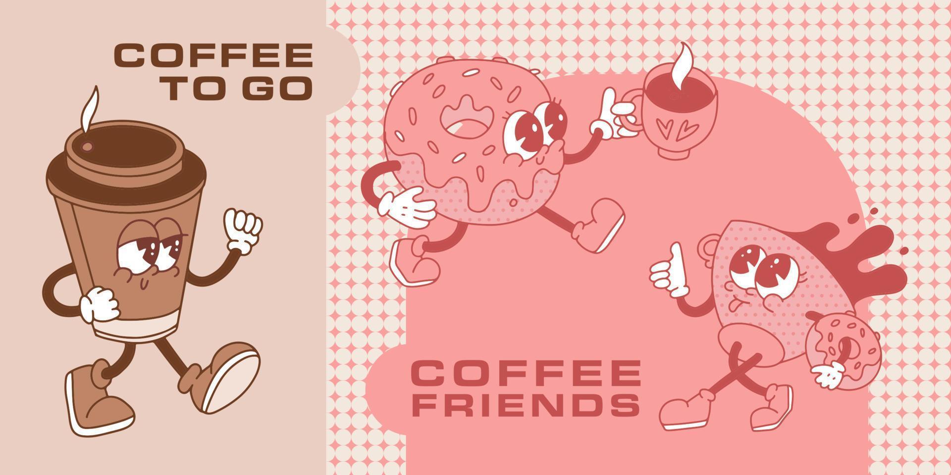 einfarbig retro Karikatur Plakate einstellen zum Kaffee Geschäft mit Maskottchen Kaffee Tassen und Donuts im Vintage 50er Jahre 60er Jahre ästhetisch Stil. Marketing Banner Material. Kontur Vektor Illustration.