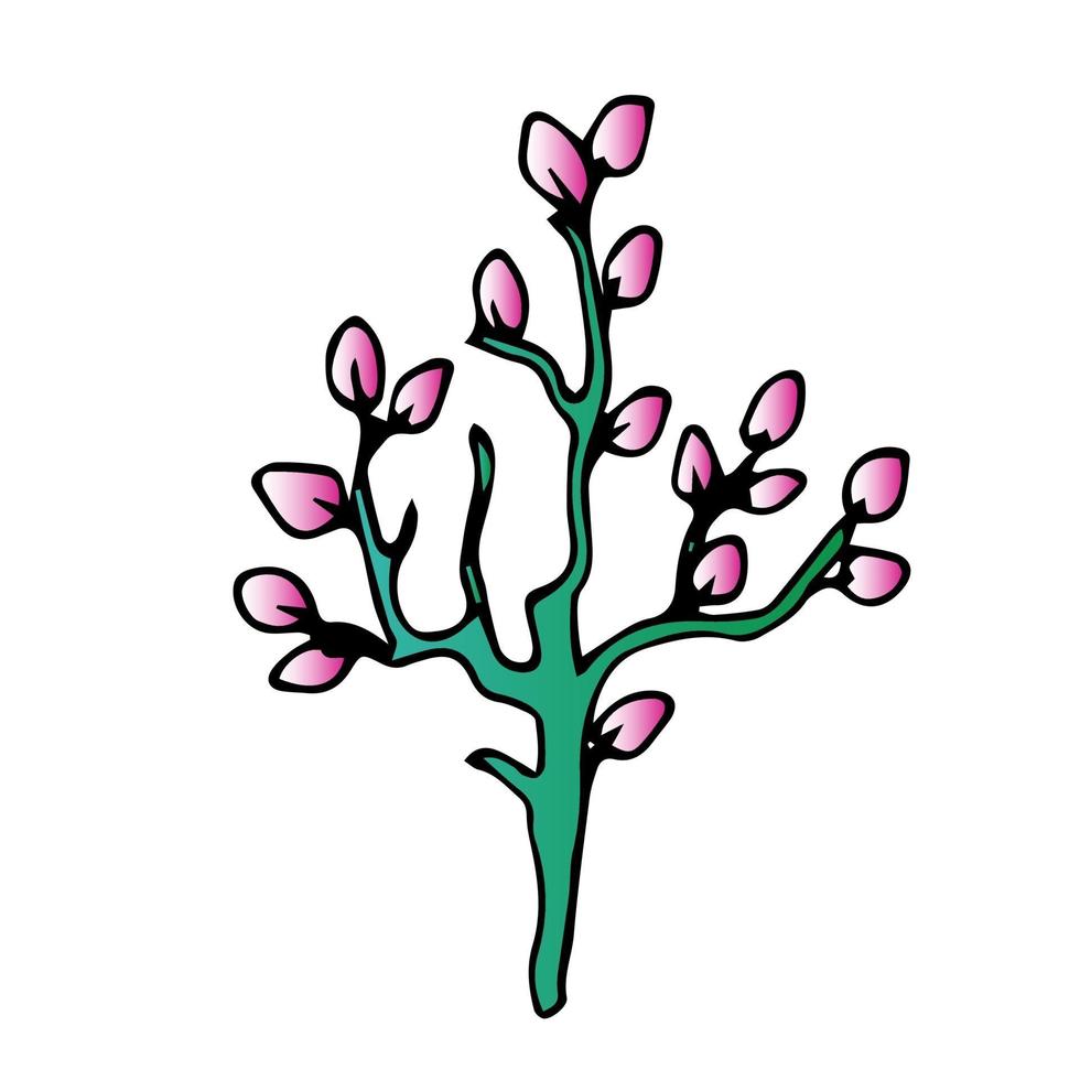 schöne Blume, Frühlingszweig mit Blättern, Blumenvektorobjekt im Gekritzelstil, Blumenhandzeichnung, isolieren auf weißem Hintergrund. vektor