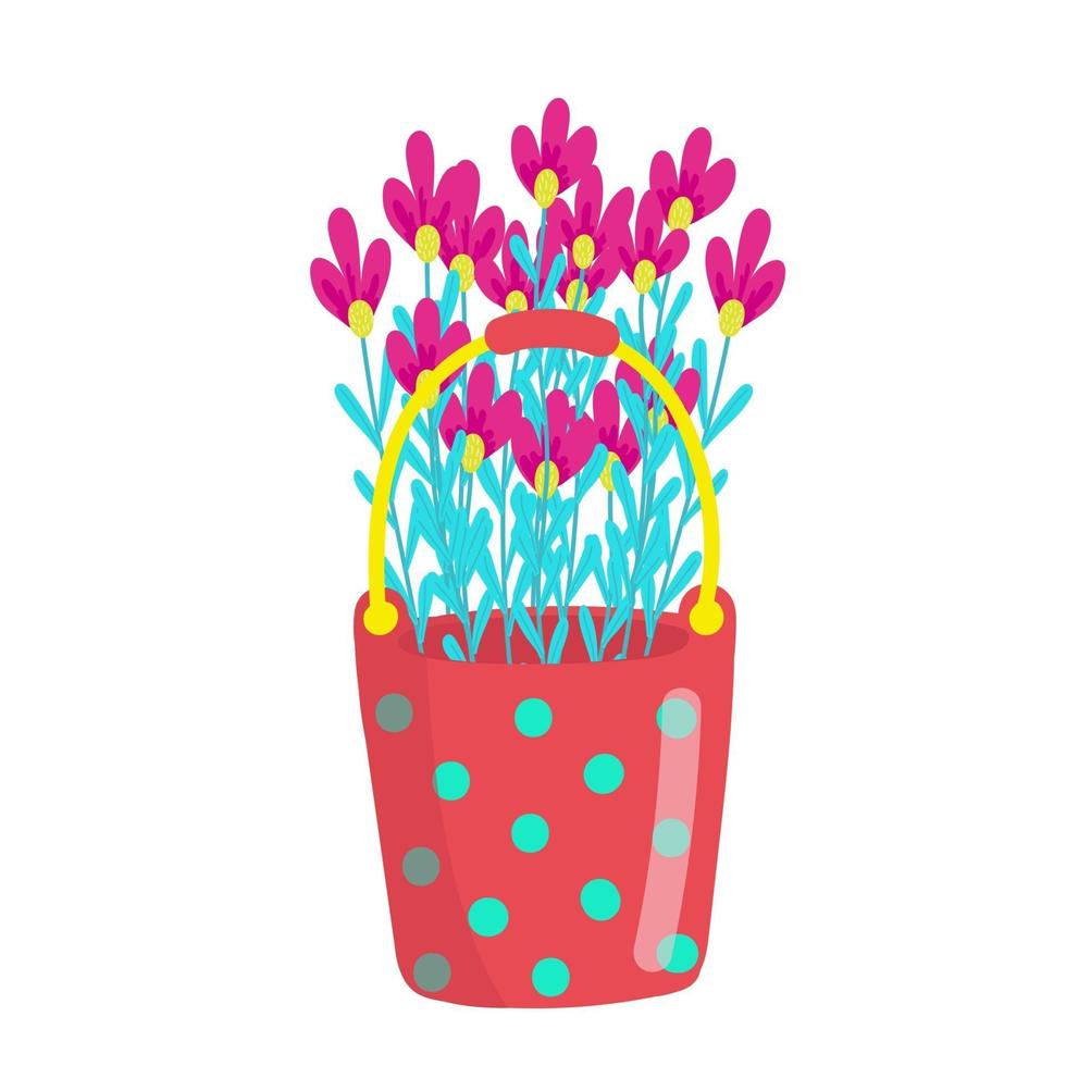 roter heller gepunkteter Eimer gefüllt mit Gänseblümchen, Strauß Gänseblümchen, Frühlingsblumen, Vektorillustration im Karikaturstil, flach. vektor