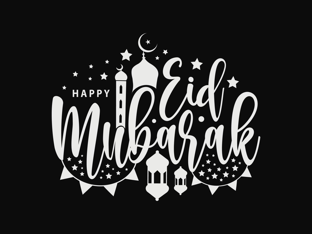 isoliert auf Kalligraphie von glücklich eid Mubarak Vektor Illustration mit schwarz Farbe hängend Laterne Mond und Star Schlaganfall Linie.