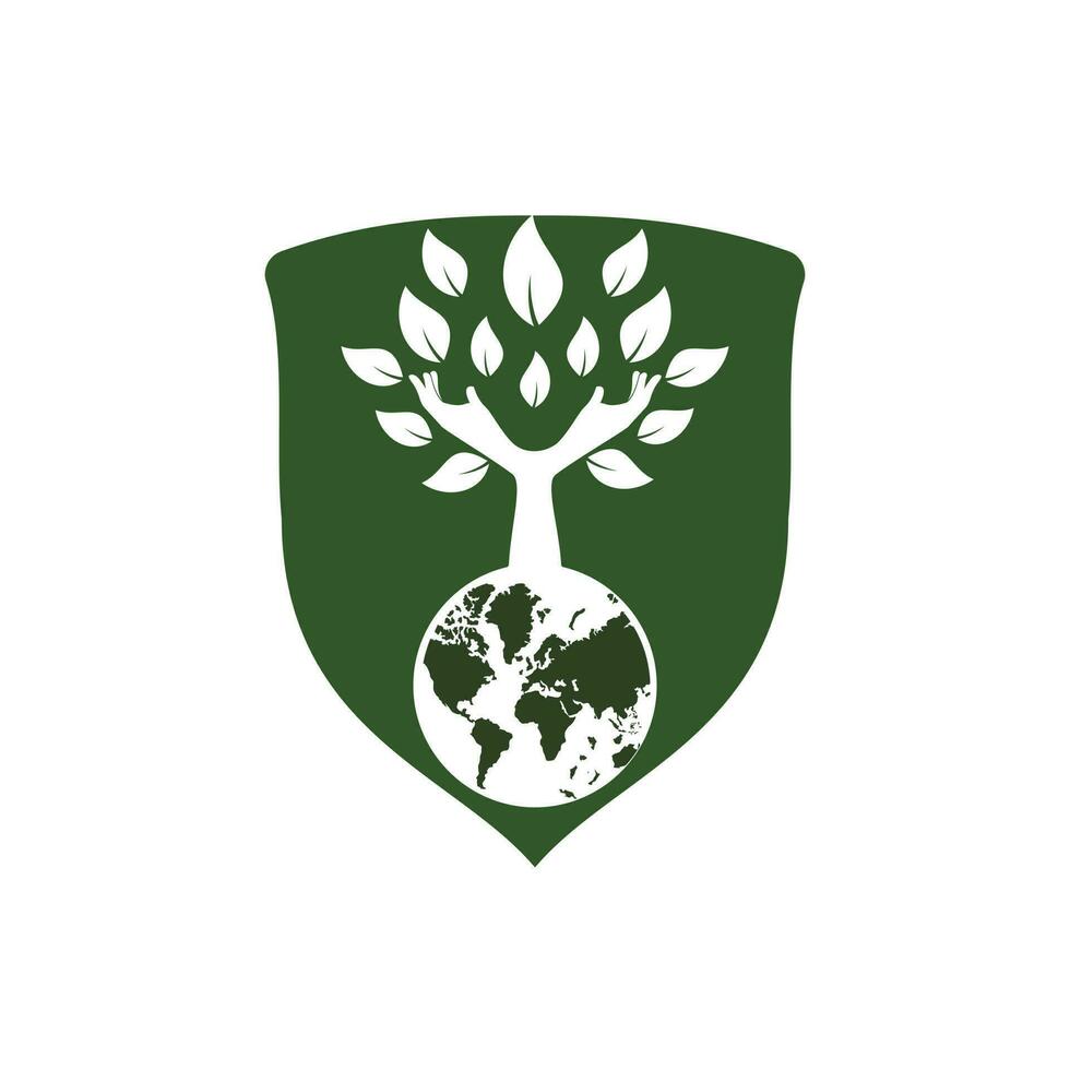 Globus und Hand Baum Vektor Logo Design. Natur und Erde Pflege Konzept.