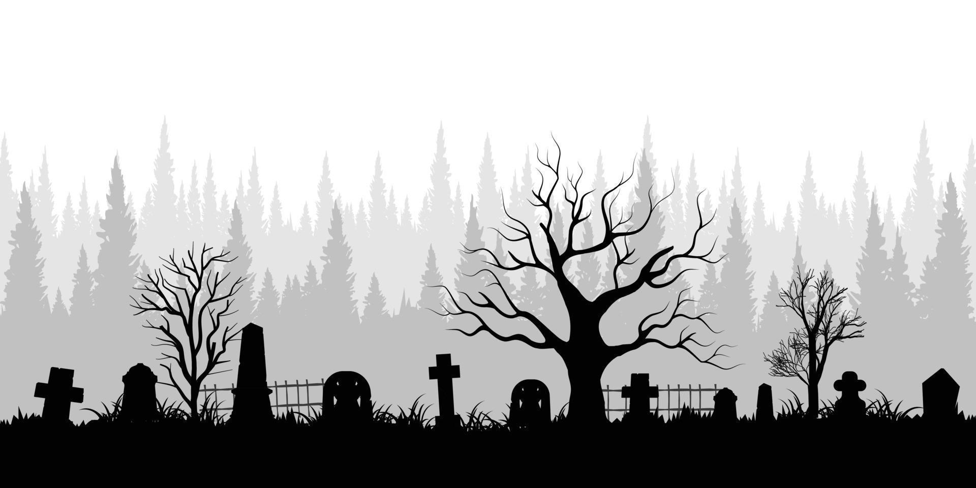 Hintergrund von gespenstisch Friedhof Silhouette mit Kopieren Raum Bereich. Vektor Illustration zum Banner, Poster, Halloween Feier, Karte, usw