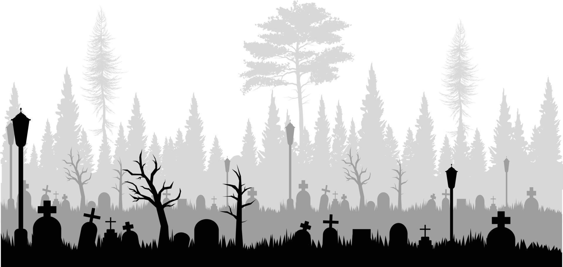 Hintergrund von gespenstisch Friedhof Silhouette mit Kopieren Raum Bereich. Vektor Illustration zum Banner, Poster, Halloween Feier, Karte, usw