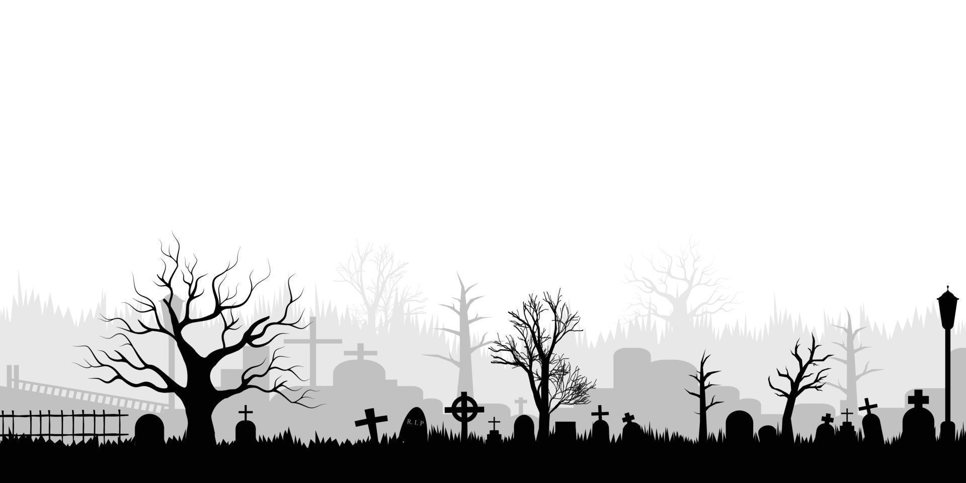 Hintergrund von gespenstisch Friedhof Silhouette mit Kopieren Raum Bereich. Vektor Illustration zum Banner, Poster, Halloween Feier, Karte, usw