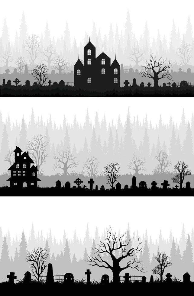 Hintergrund von gespenstisch Friedhof Silhouette mit Kopieren Raum Bereich. Vektor Illustration zum Banner, Poster, Halloween Feier, Karte, usw