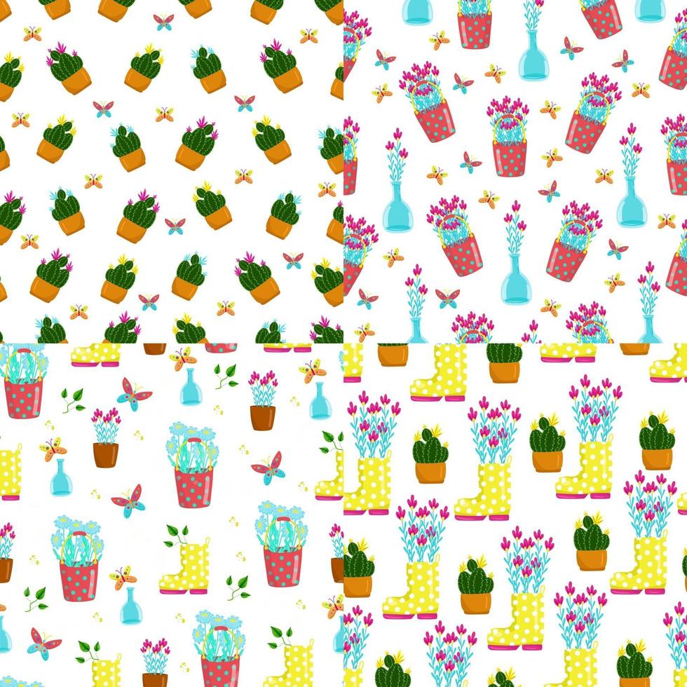 Set nahtloses Muster mit verschiedenen Blumen in Töpfen, niedlichen Baby-Druck, Blumenfrühlingsmuster im Cartoon-Stil, mehrfarbige Kakteen in Töpfen, Handzeichnung, Vektor. vektor