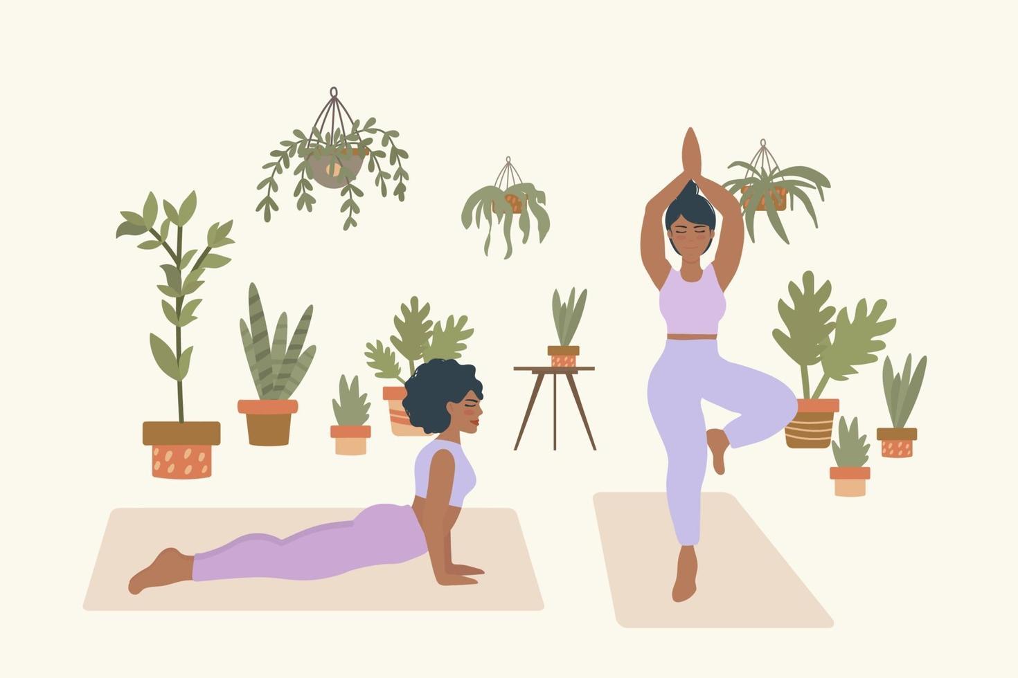 yoga hemma. kvinnor som gör yoga i ett tropiskt rum. hemyoga, meditationsprocessen. vektor illustration