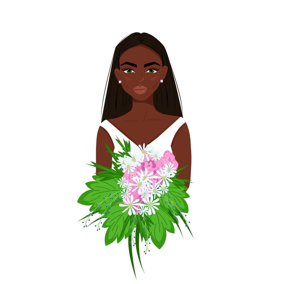 schwarzes Mädchen in Weiß mit einem Blumenstrauß in ihren Händen, hübsche Afro-Frau mit Make-up, schöner weiblicher Avatar, Vektorillustration im flachen Stil. vektor