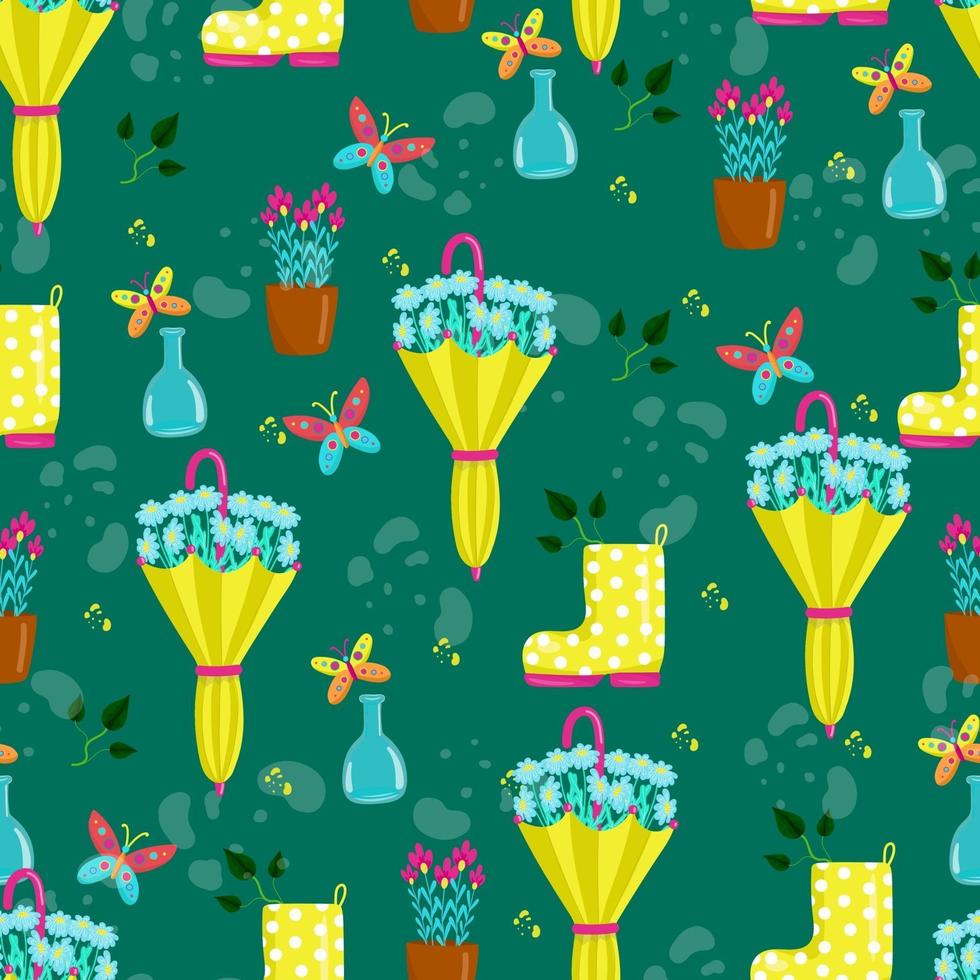 nahtloses Frühlingsmuster mit gelbem Regenschirm und Stiefel, viele schöne Blumen, Blumen im Regenschirm, Vektordruck im Cartoon-Stil, Handzeichnung. vektor