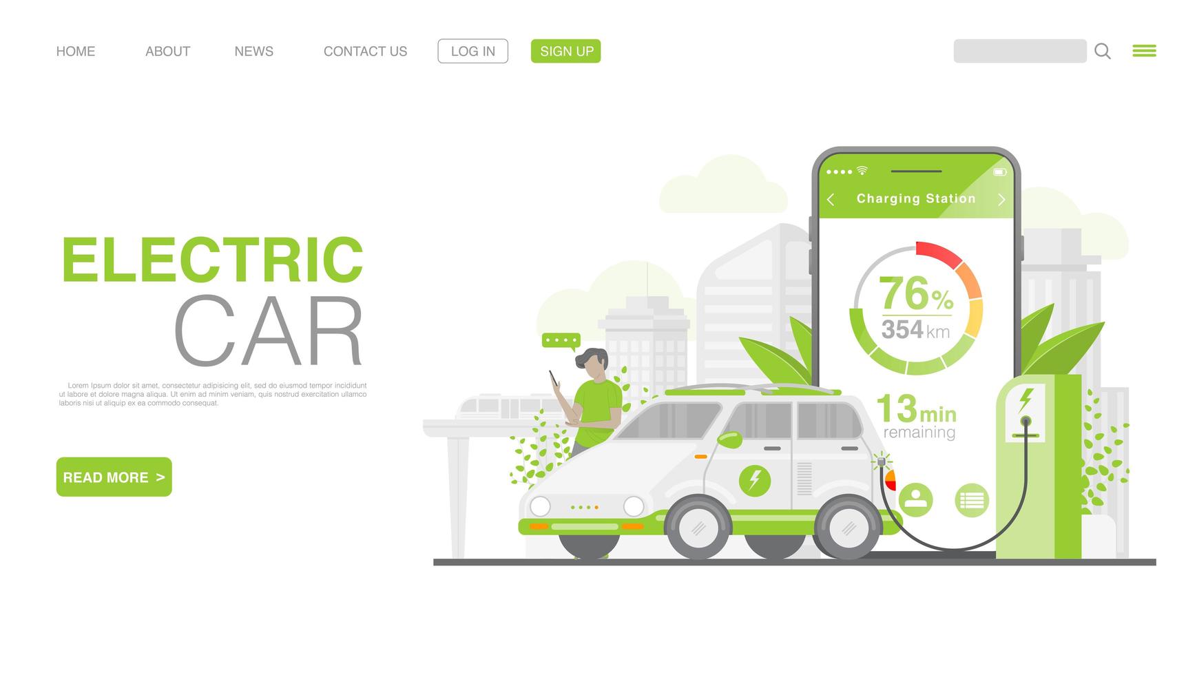 ev Auto oder Elektroauto an der Ladestation. Konzeptillustration für grüne Umwelt. Landingpage im flachen Stil. Vektor eps 10