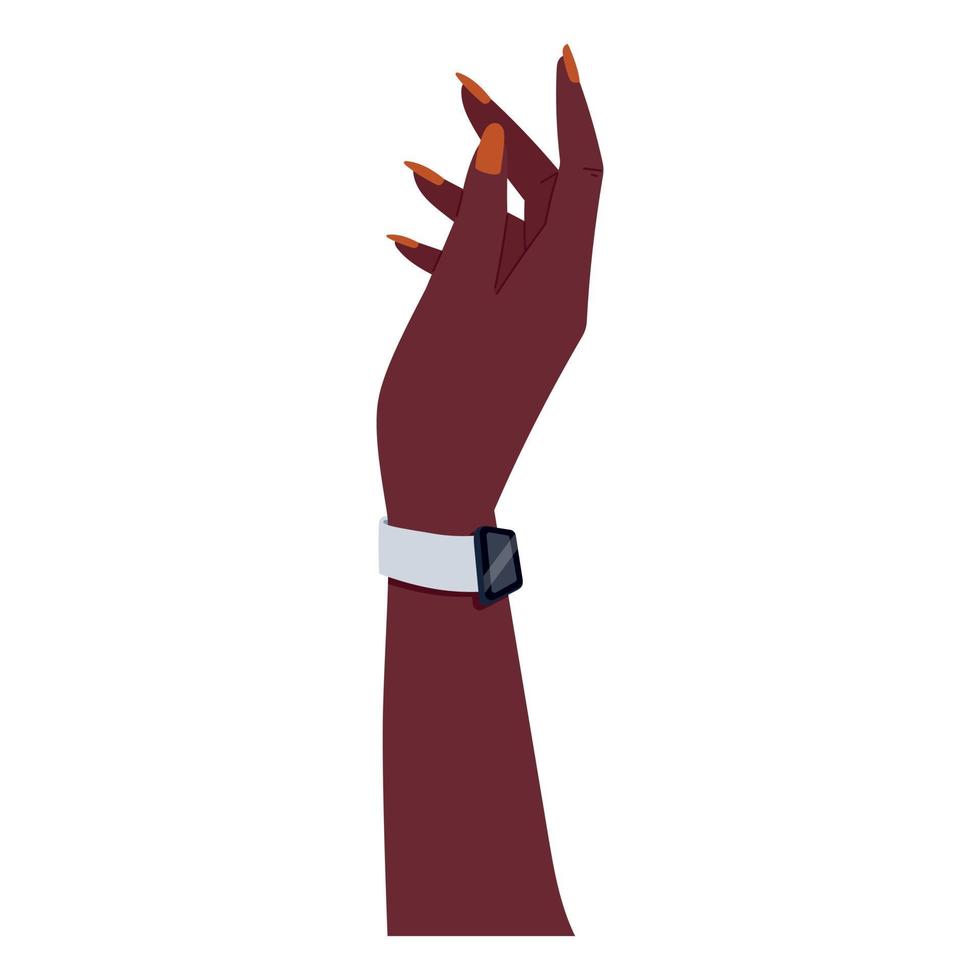 elegant Hand von ein afrikanisch amerikanisch Frau mit rot Maniküre und Clever betrachten. Vektor isoliert eben feminin Arm mit Fitness Armband auf das Handgelenk.