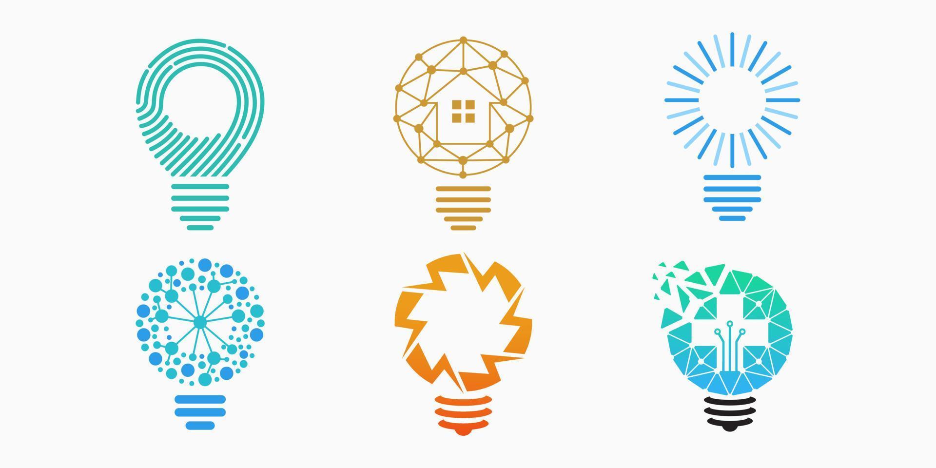 kreativ Glödlampa lampa logotyp ikon uppsättning. ljus vektor illustration