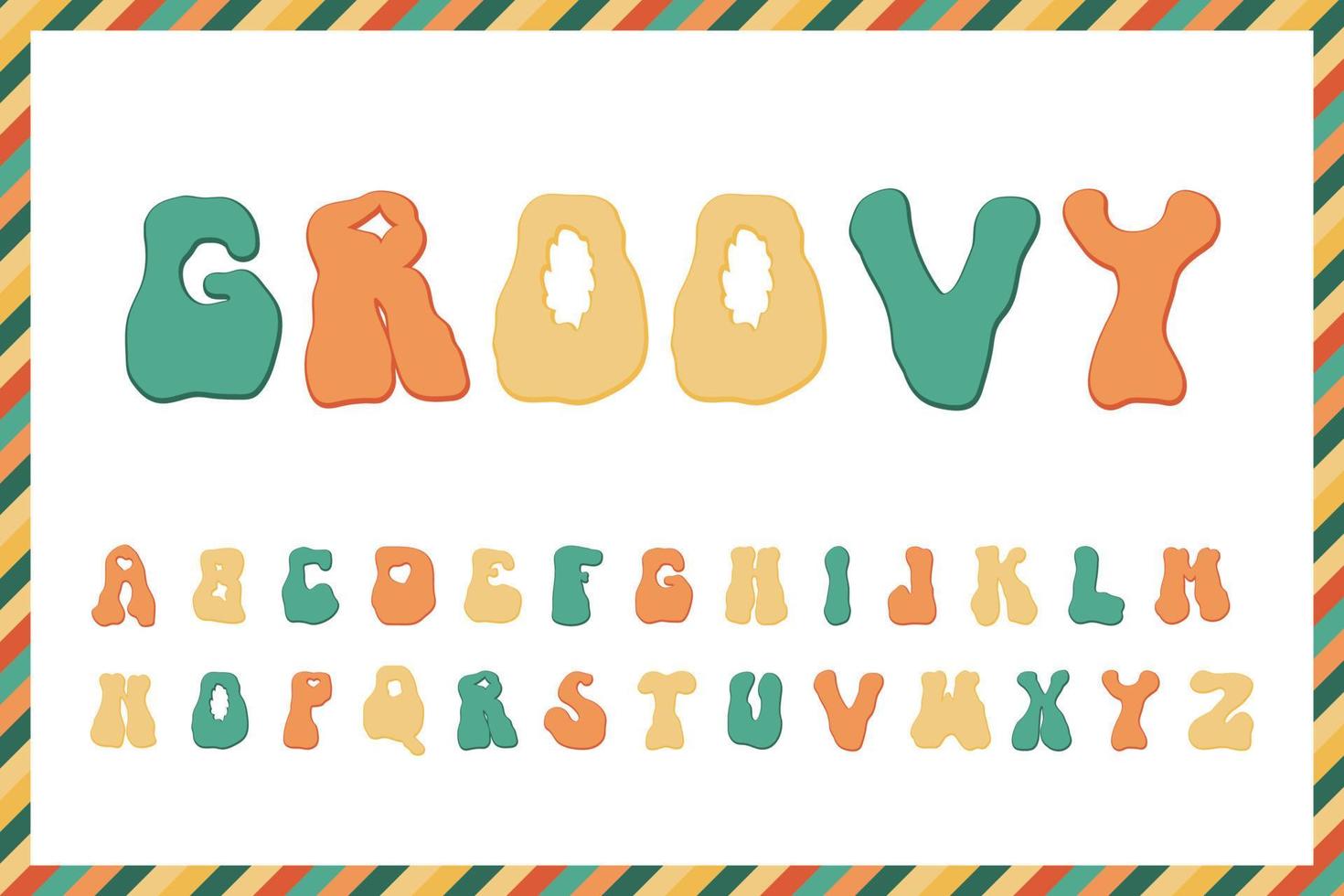 groovig Rave Alphabet Schriftart im Vektor. trippy Briefe Clip Art isoliert Karikatur Kunst. modisch ausgeflippt Gekritzel psychedelisch Text. Hippie Regenbogen Rille Slogan Symbol. wellig funky Rille Nostalgie Grafik vektor