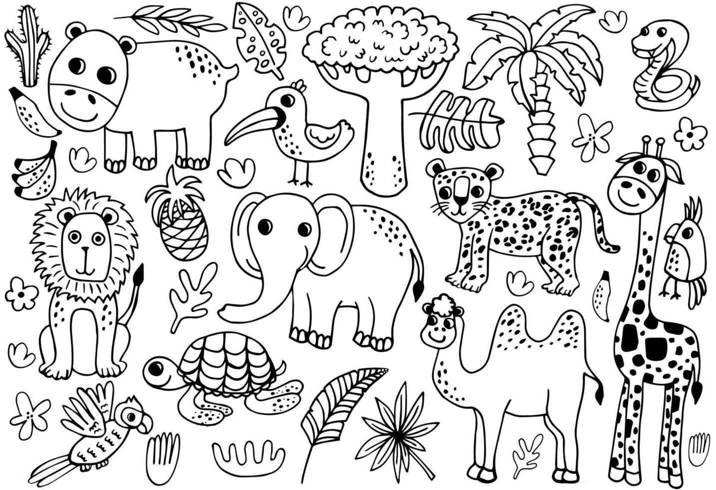 översikt vild safari djur vektor illustration för färg. djungel djur linje konst Inklusive sköldpadda, tiger, zebra, giraff, lejon, elefant, orm.