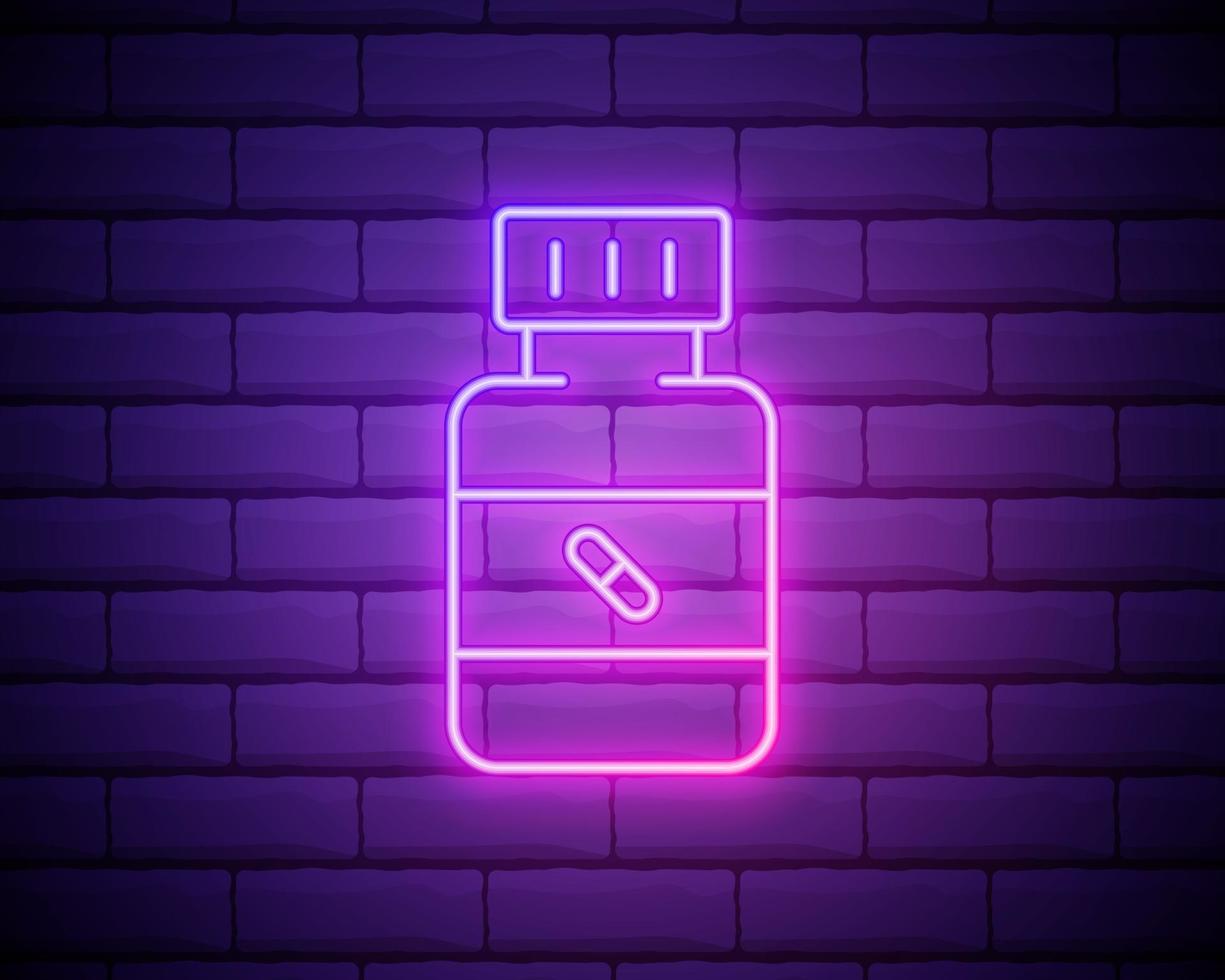 glödande neonlinje medicinflaskikon isolerad på tegelväggbakgrund. flaska piller tecken. apotek design. vektor illustration