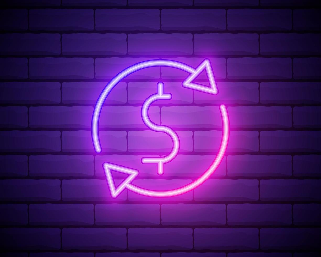 Cash Back Neon Logo Vektor. Cash Back Leuchtreklame, Designvorlage, modernes Trenddesign, Casino Leuchtreklame, nachthelle Werbung, Lichtbanner, Lichtkunst. Vektorillustration lokalisiert auf Backsteinmauer vektor