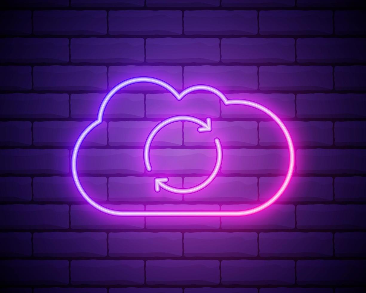 glödande neon cloud sync uppdateringsikon isolerad på tegelvägg bakgrund. moln och pilar. vektor illustration