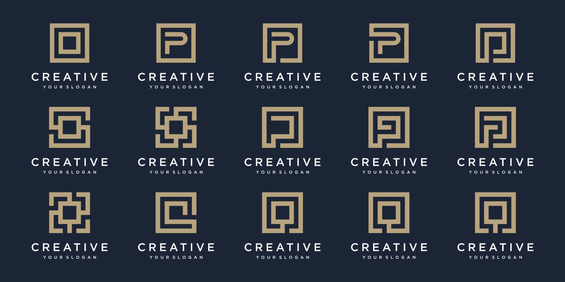 uppsättning av logotyp design brev p, och q med fyrkant stil. vektor mall