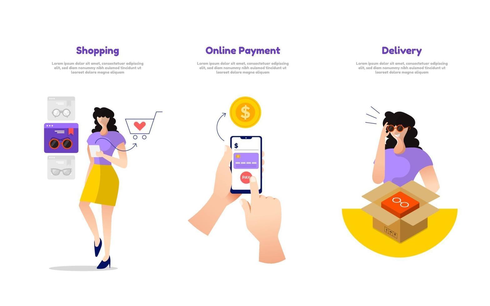 Illustration von Online-Shopping, mobilem Bezahlen und Lieferung vektor