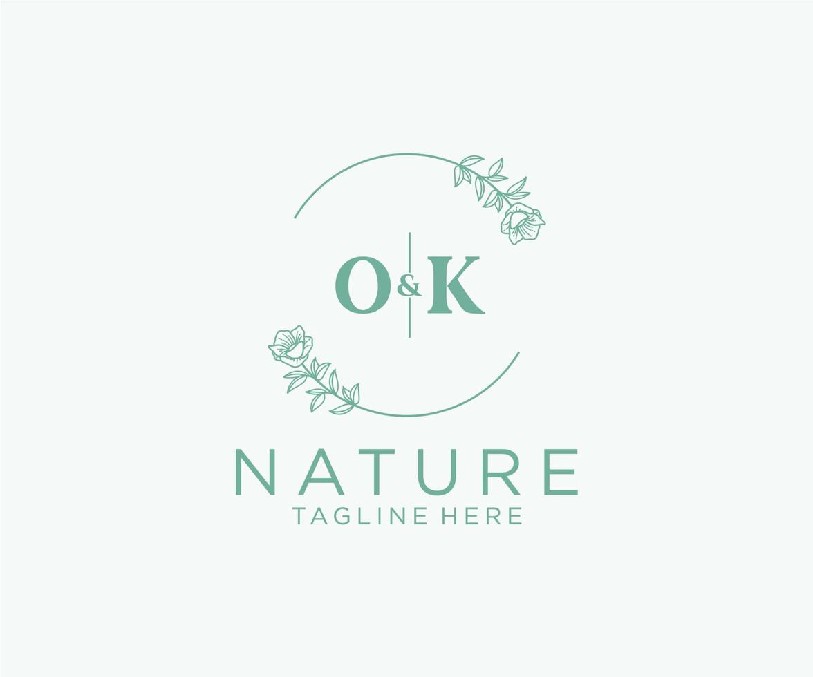 första ok brev botanisk feminin logotyp mall blommig, redigerbar förhandsgjord monoline logotyp lämplig, lyx feminin bröllop varumärke, företags. vektor