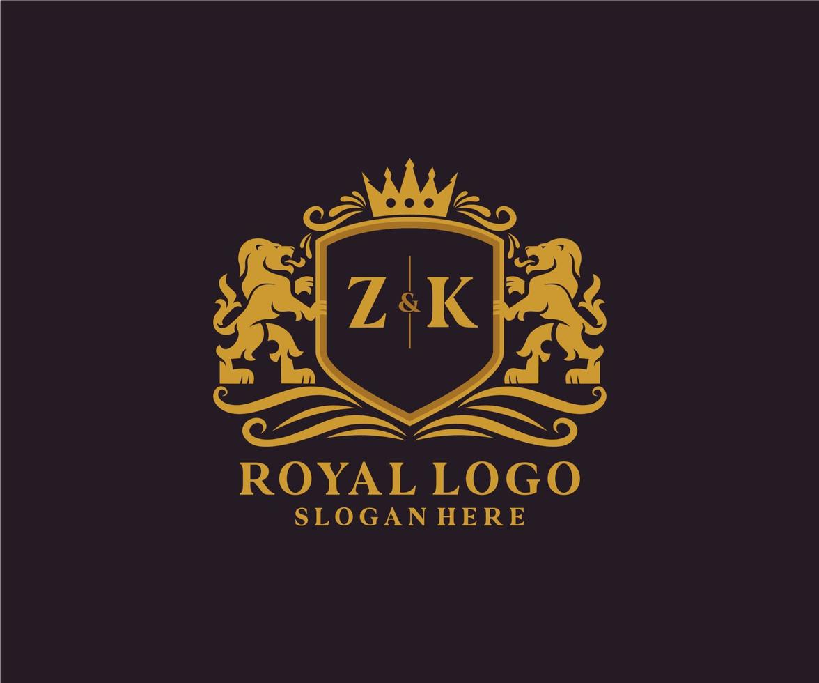 första zk brev lejon kunglig lyx logotyp mall i vektor konst för restaurang, kungligheter, boutique, Kafé, hotell, heraldisk, Smycken, mode och Övrig vektor illustration.