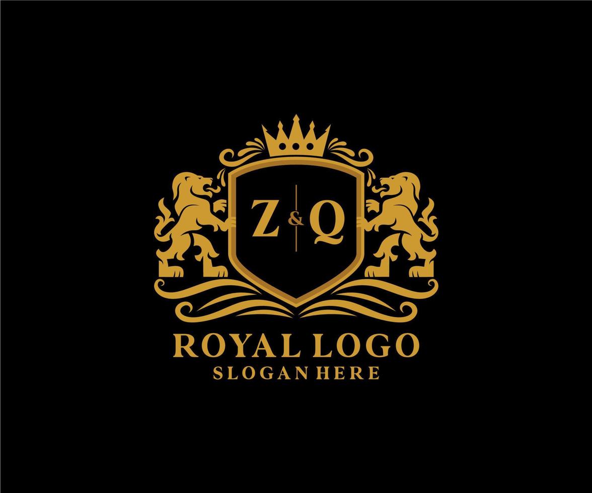 första zq brev lejon kunglig lyx logotyp mall i vektor konst för restaurang, kungligheter, boutique, Kafé, hotell, heraldisk, Smycken, mode och Övrig vektor illustration.