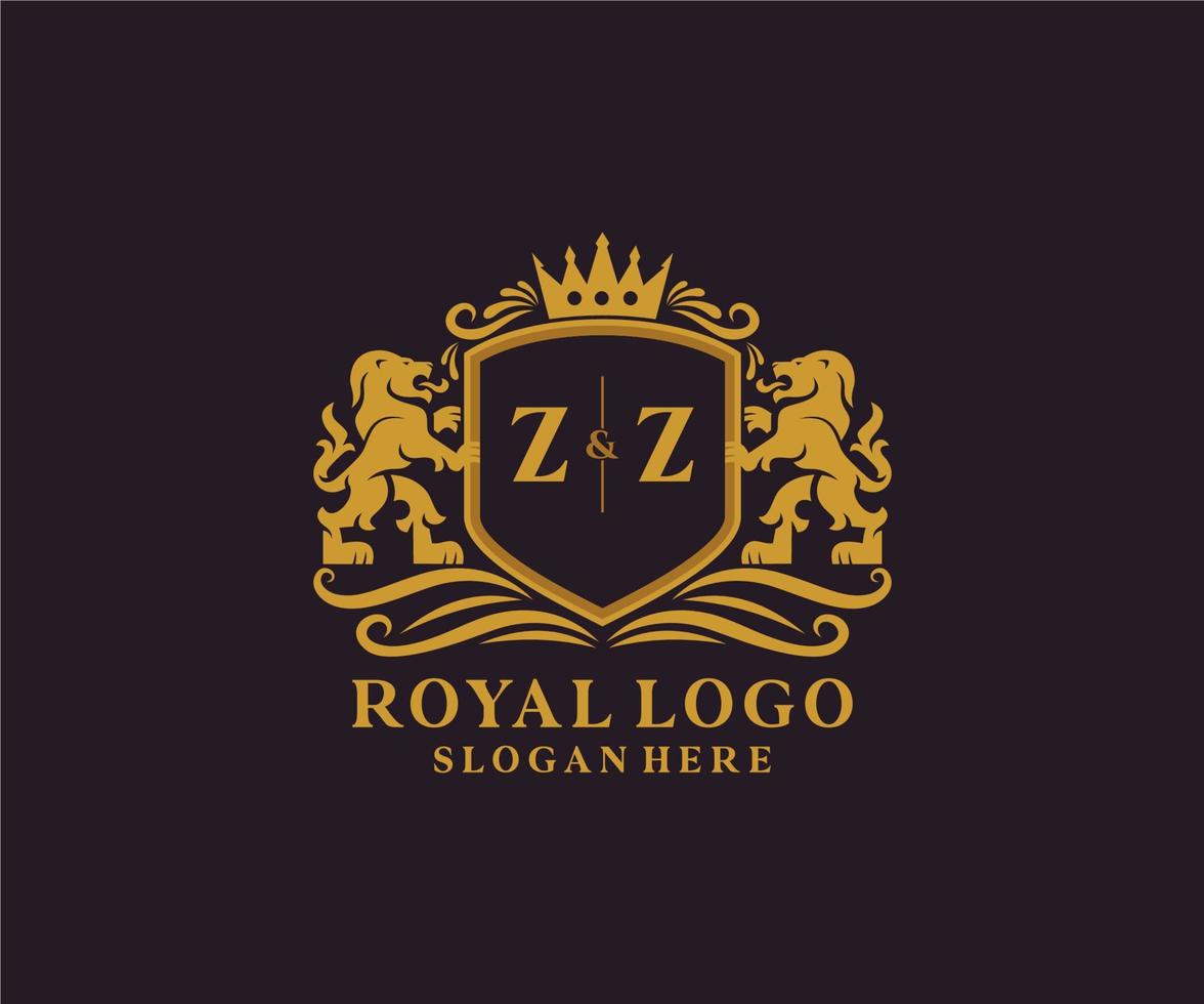 första zz brev lejon kunglig lyx logotyp mall i vektor konst för restaurang, kungligheter, boutique, Kafé, hotell, heraldisk, Smycken, mode och Övrig vektor illustration.