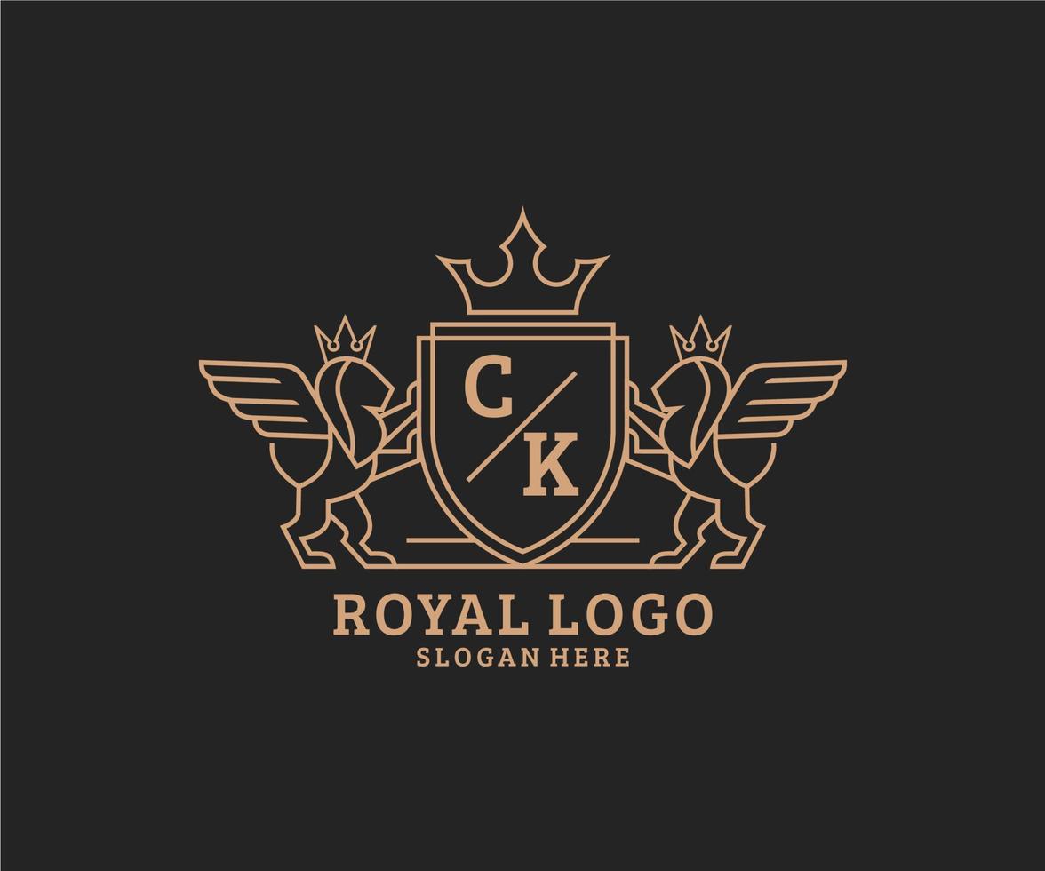 första ck brev lejon kunglig lyx heraldisk, vapen logotyp mall i vektor konst för restaurang, kungligheter, boutique, Kafé, hotell, heraldisk, Smycken, mode och Övrig vektor illustration.