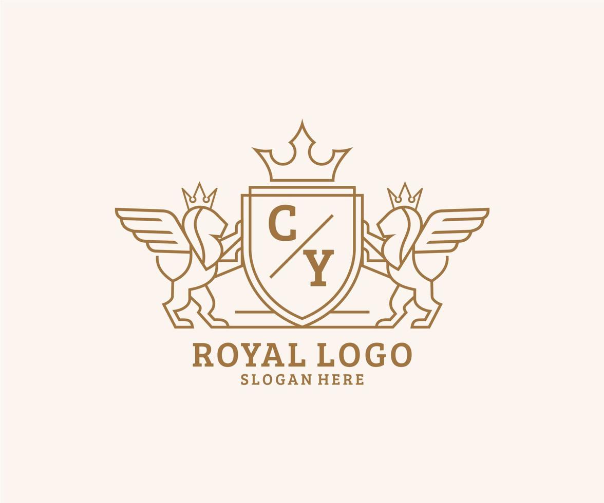 första cy brev lejon kunglig lyx heraldisk, vapen logotyp mall i vektor konst för restaurang, kungligheter, boutique, Kafé, hotell, heraldisk, Smycken, mode och Övrig vektor illustration.