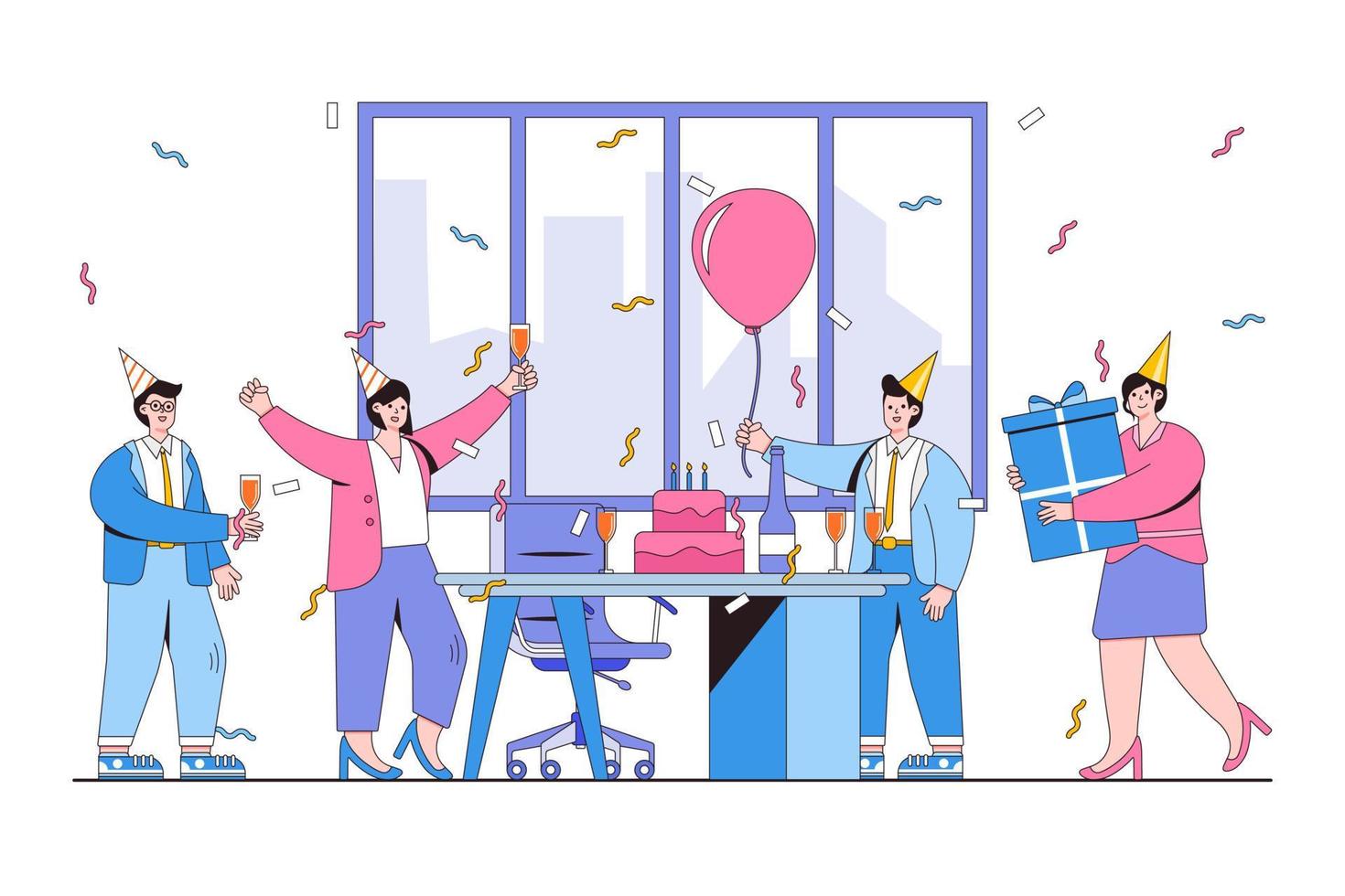 Büro Party mit Angestellte Konzept mit jubelnd Arbeitskräfte, Konfetti, Kuchen, und Champagner. Gliederung Design Stil minimal Vektor Illustration zum Landung Buchseite, Netz Banner, Infografiken, Held Bilder