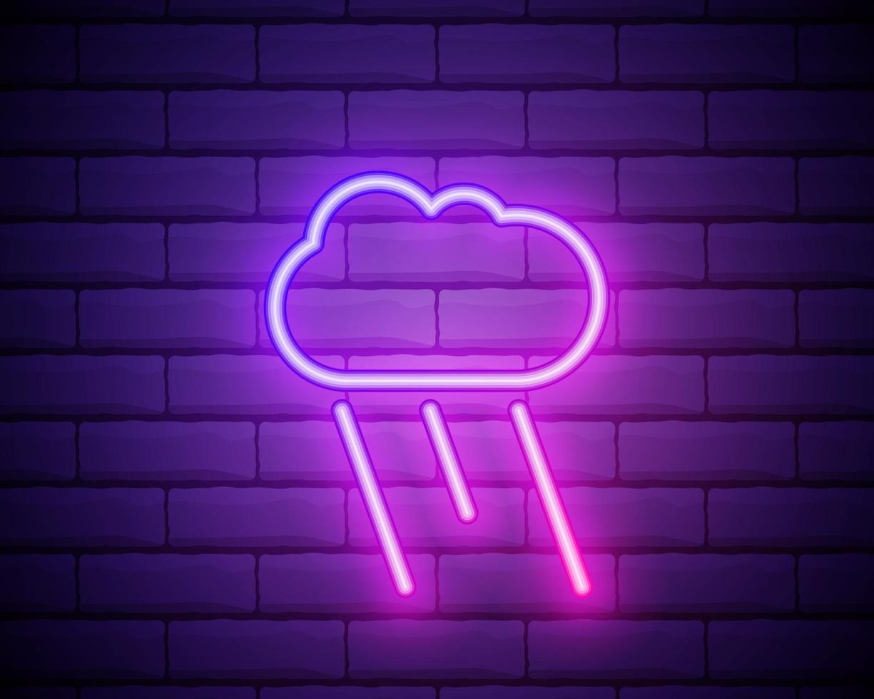 Glühende Neonregenwetterikone auf dunklem Backsteinmauerhintergrund. Regensymbol mit Wolke im Neonstil zur Wettervorhersage in der mobilen Anwendung. Vektorillustration. vektor