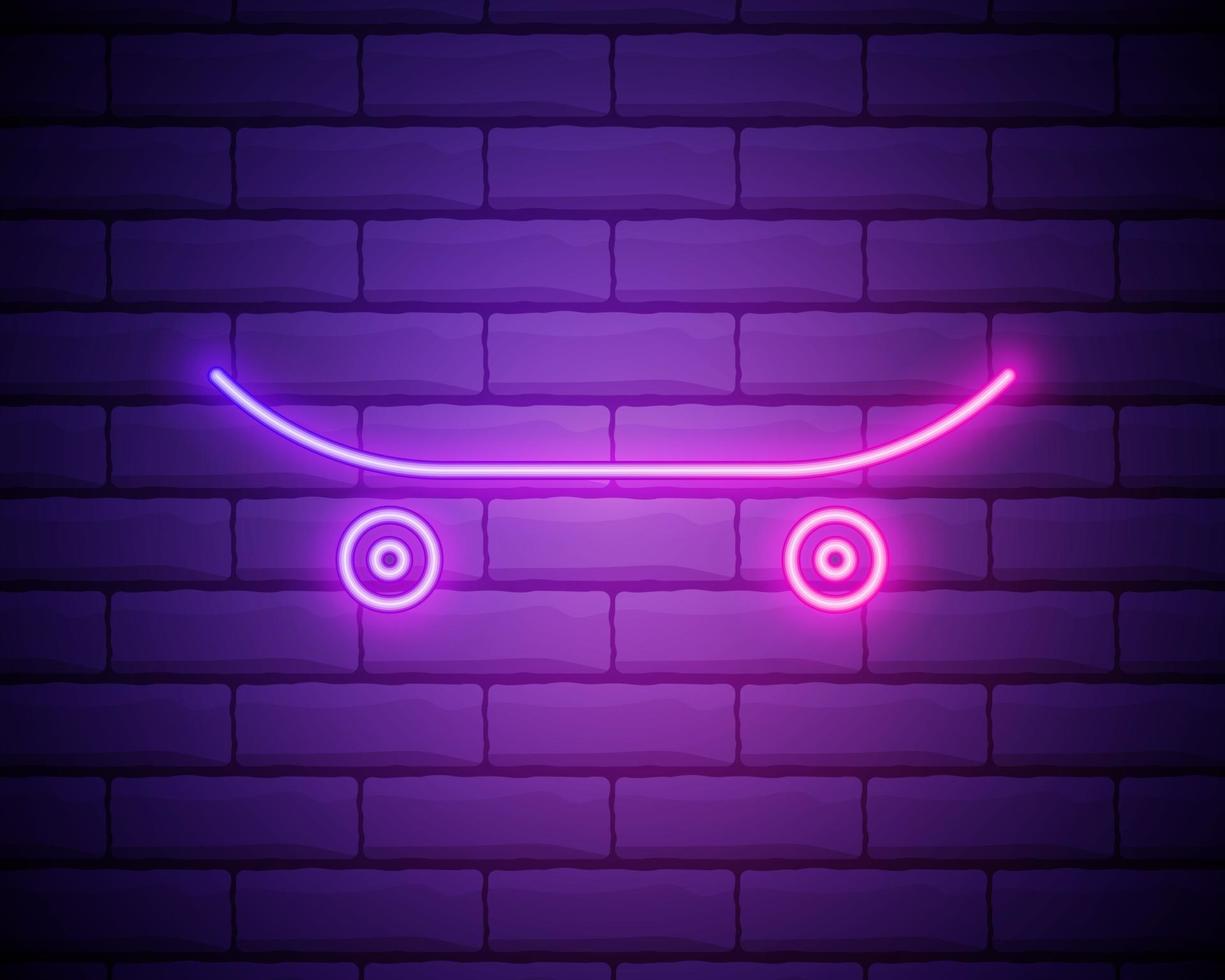 glödande neon skateboard trick ikon isolerad på tegelvägg bakgrund. extrem sport. sportutrustning. vektor illustration