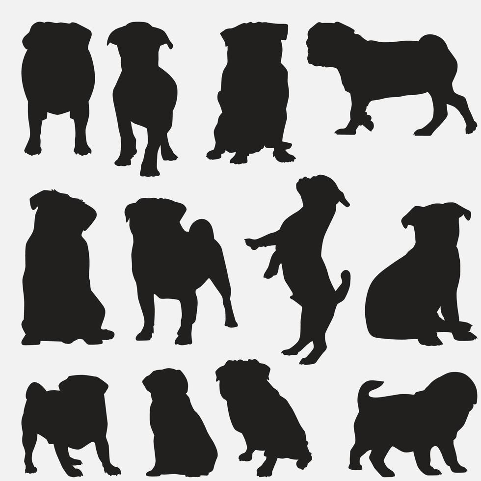 Mops Hund Silhouetten Vektor Design Vorlagen gesetzt