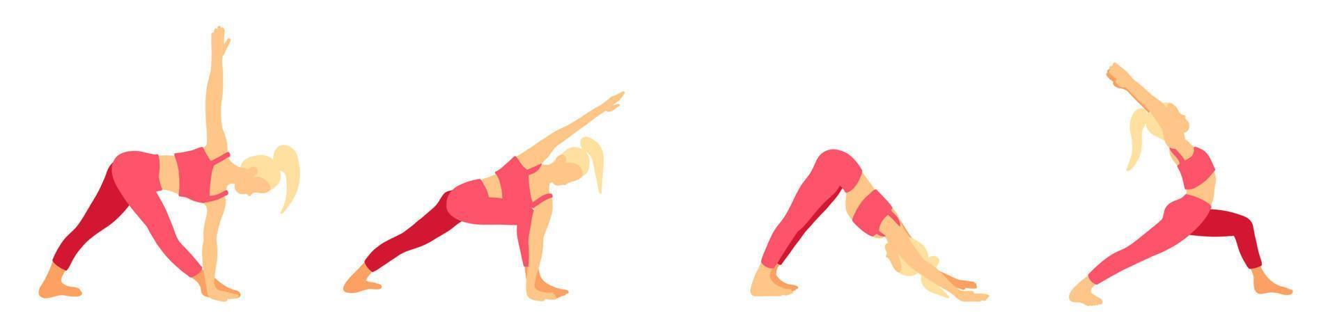 flexibilitet yoga poser samling. blond hår kvinna, lady, kvinna, flicka. meditation, pilates, mental hälsa, Träning, Gym. vektor illustration i tecknad serie platt stil isolerat på vit bakgrund.