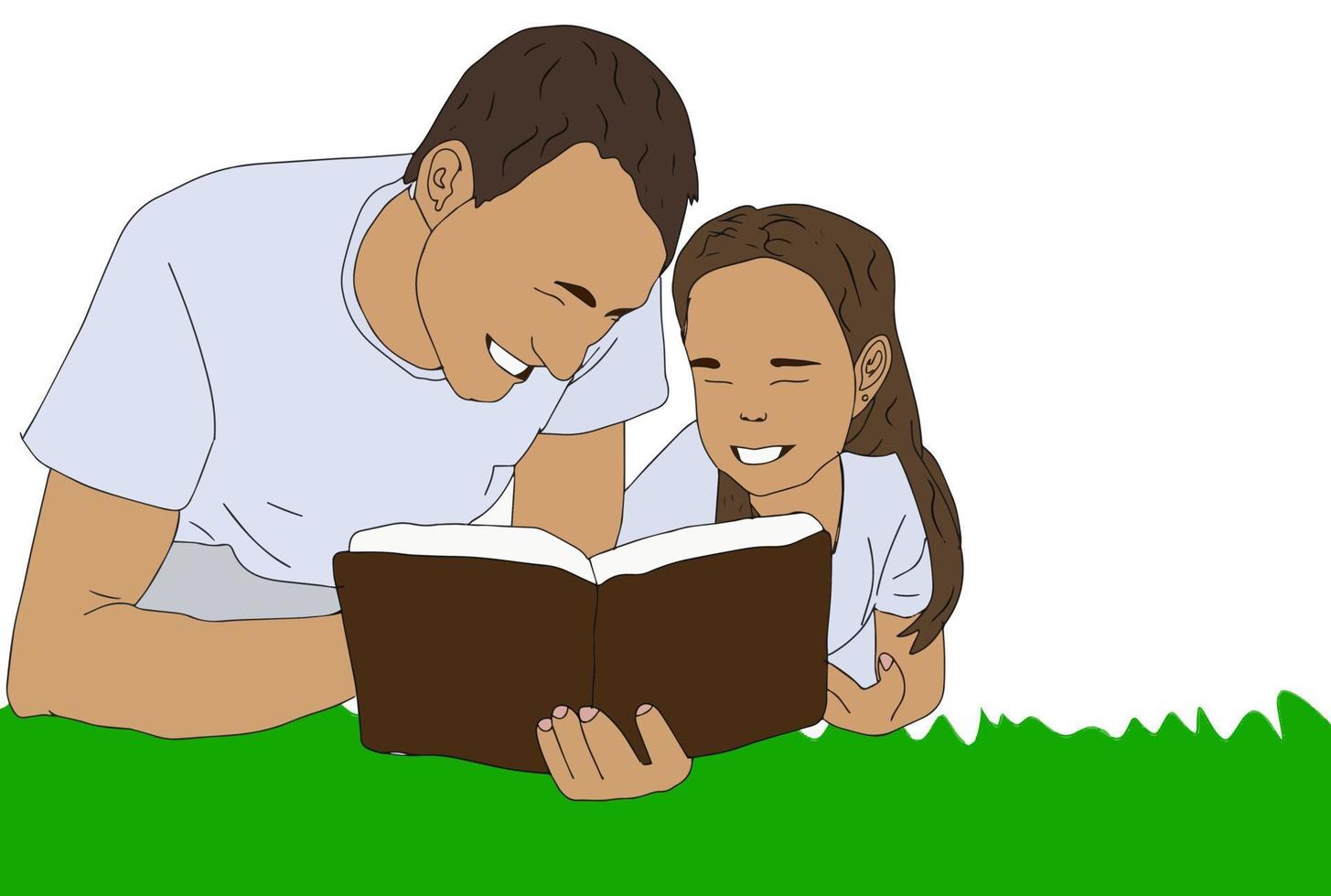 ich Liebe meine groß Vati. Vektor Illustration von Tochter Lügen auf Boden Lernen und lesen Buch mit groß Vati, Familie Konzept von glücklich Vater Tag.