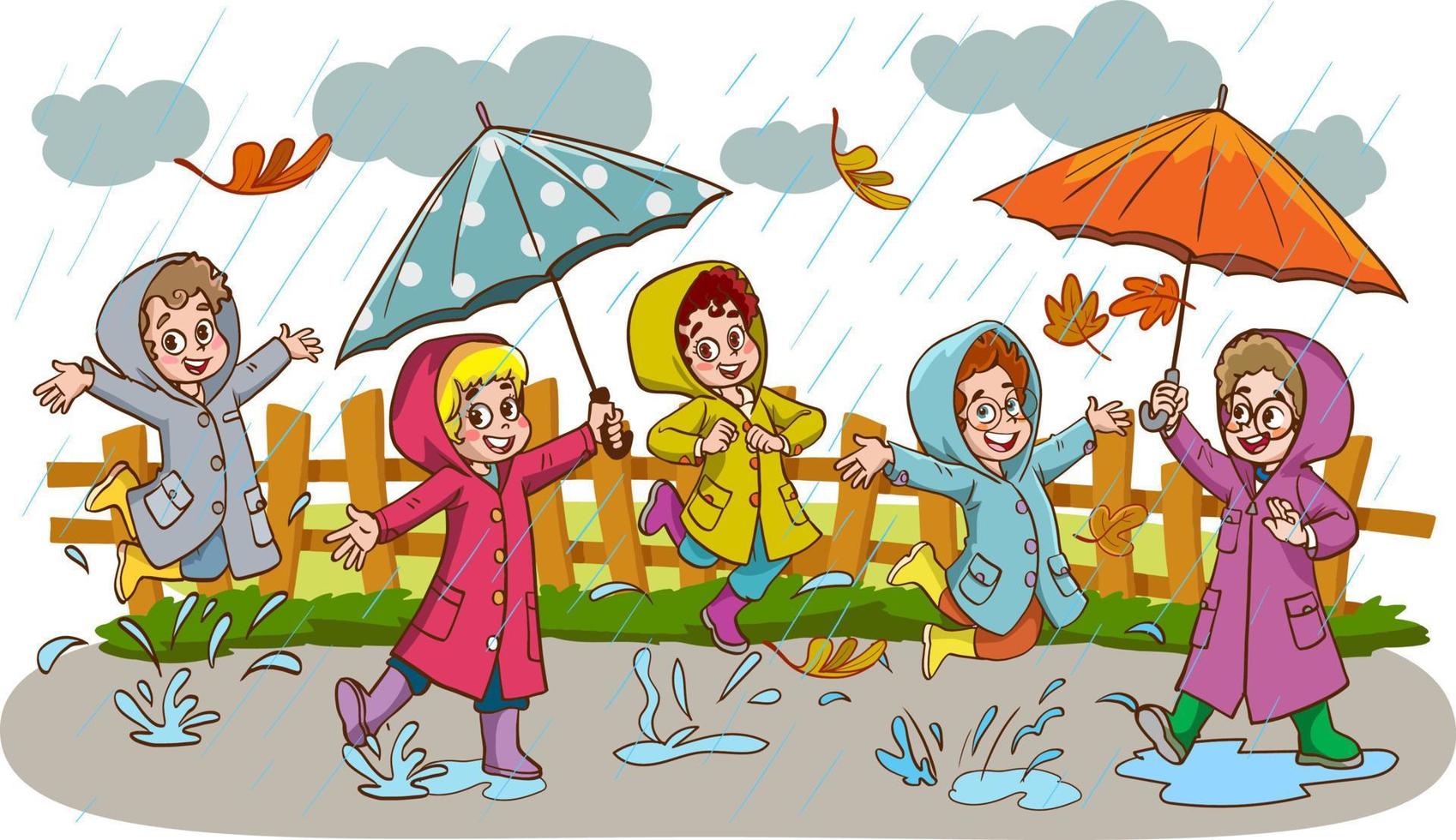 leende liten barn Hoppar i en pöl i regnig dag vektor illustration