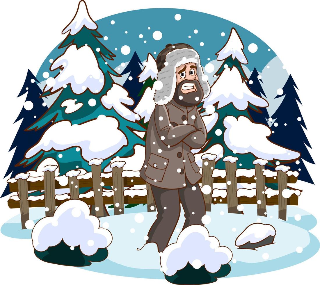 vektorillustration des menschen, der bei schneewetter kalt wird. Mann, der in der Eiseskälte des Winters spazieren geht. vektor