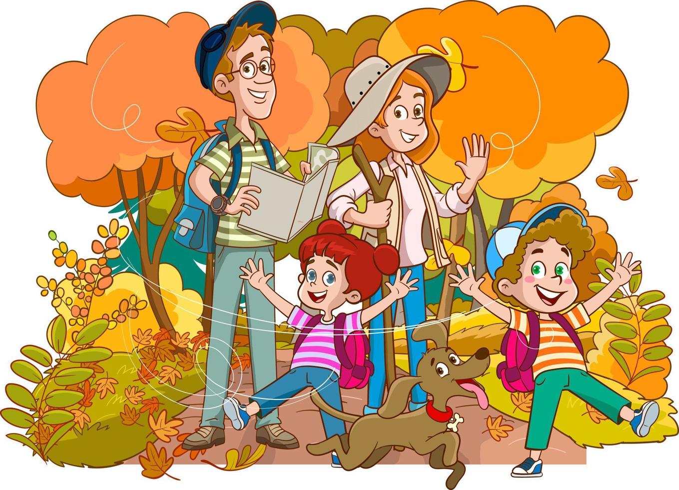 Vektor Illustration von Familie von vier und Hund Gehen im Herbst