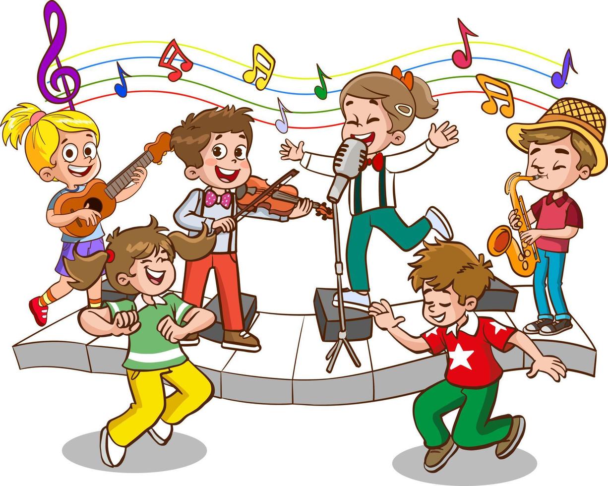 tecknad serie grupp av barn sång och dans i de skola kör vektor