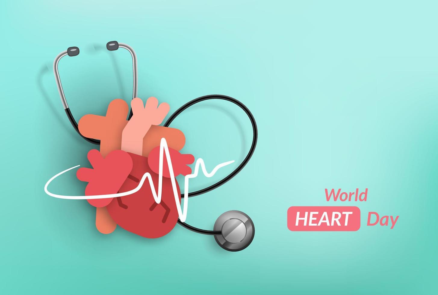 värld hjärta dag begrepp, hjärta form med en stetoskop, papper illustration, och 3d papper vektor