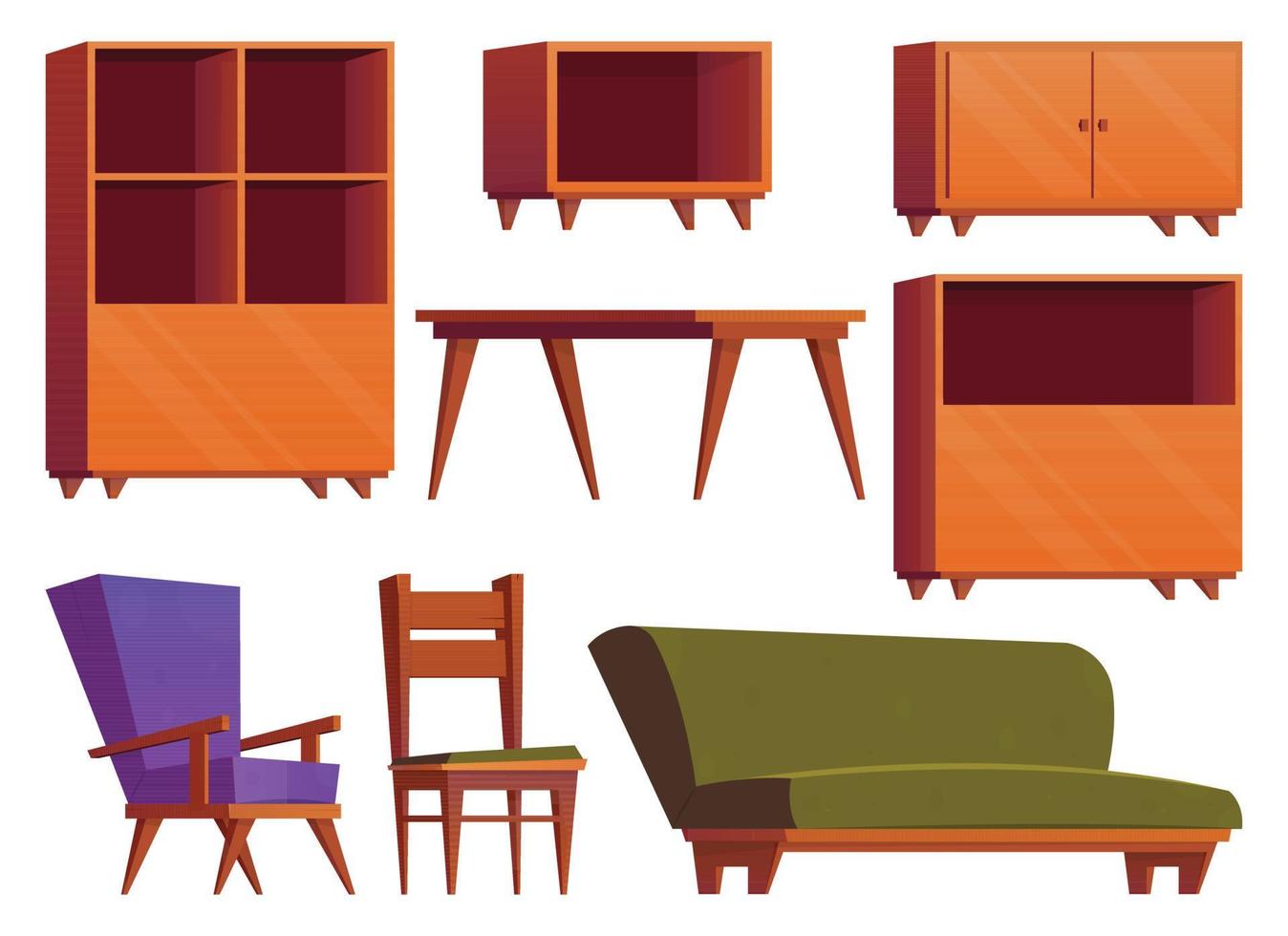 möbel objekt i tecknad serie stil. samling av trä- garderob, stol, tabell och fåtölj vektor illustration isolerat på vit