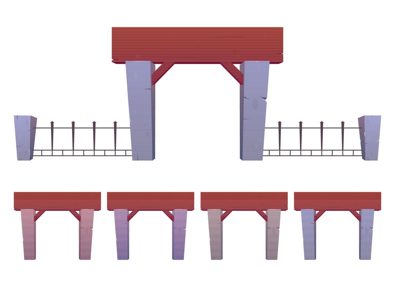 Tore und Zaun gemacht von Beton, Holz und Stahl im Karikatur Stil. Vektor Illustration isoliert auf Weiß