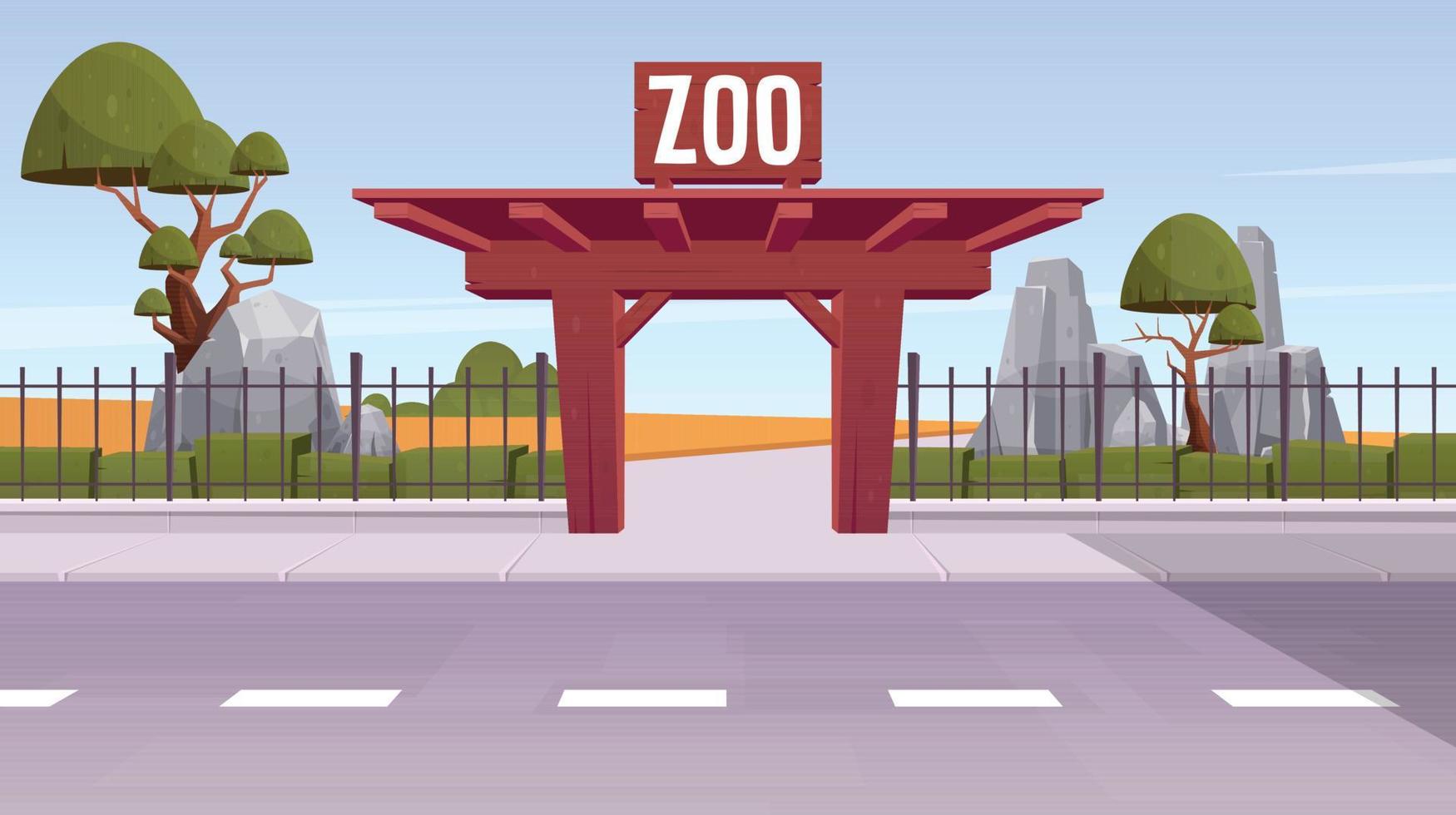 Zoo ingång med stål staket och trä- Port landskap vektor illustration