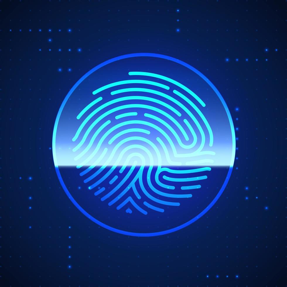 cyber säkerhet finger skriva ut skannade. fingeravtryck läser in Identifiering systemet. biometrisk tillstånd och säkerhet begrepp. vektor illustration