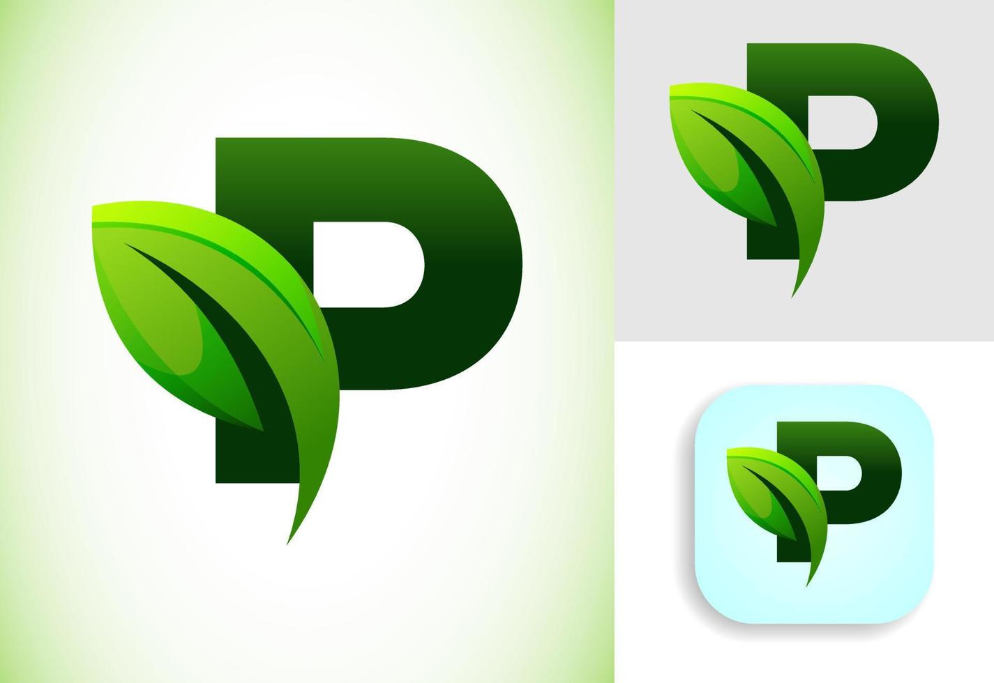 första p alfabet med en blad. miljövänlig logotyp begrepp. grafisk alfabet symbol för företag och företag identitet. vektor